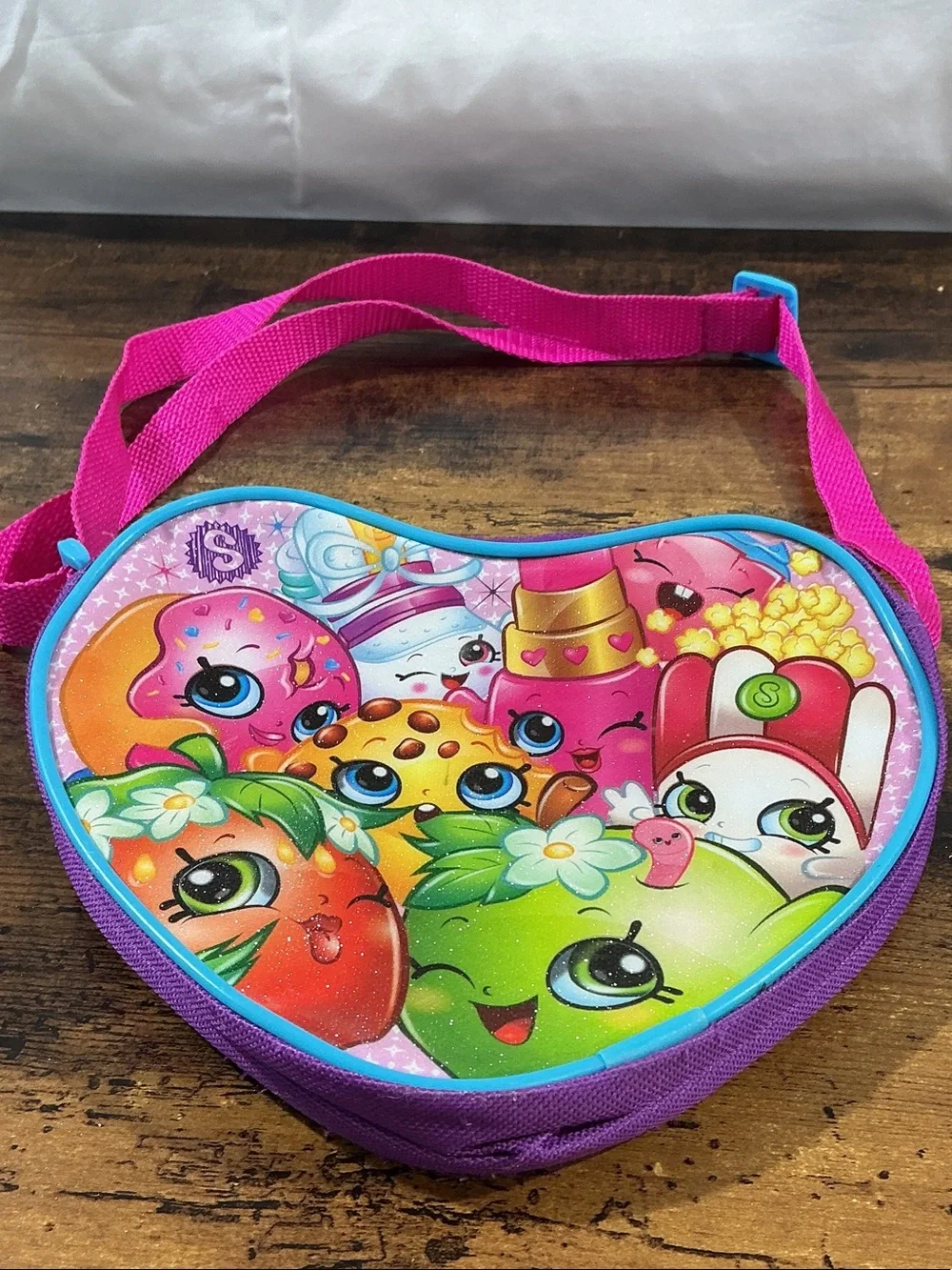 Shopkins Hot Pink Heart Crossbody Bag with Colorful Character Print